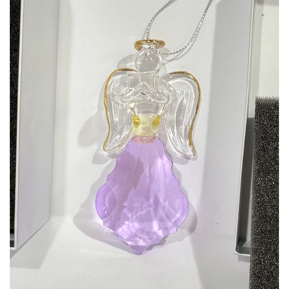 Glass Angel Ornament Purple Crystal Gold Trim Open Book Figurine Boxed
